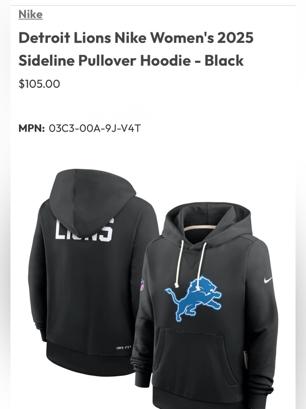 Detroit Lions Nike Women's 2025
Sideline Pullover Hoodie - Black